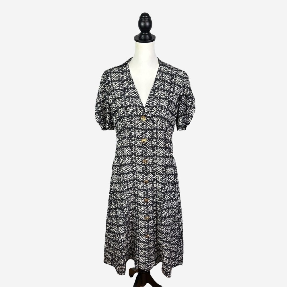 St John Jared Tweed Print Silk Shirtdress Size 4 Midi Goldtone Buttons - Picture 4 of 16